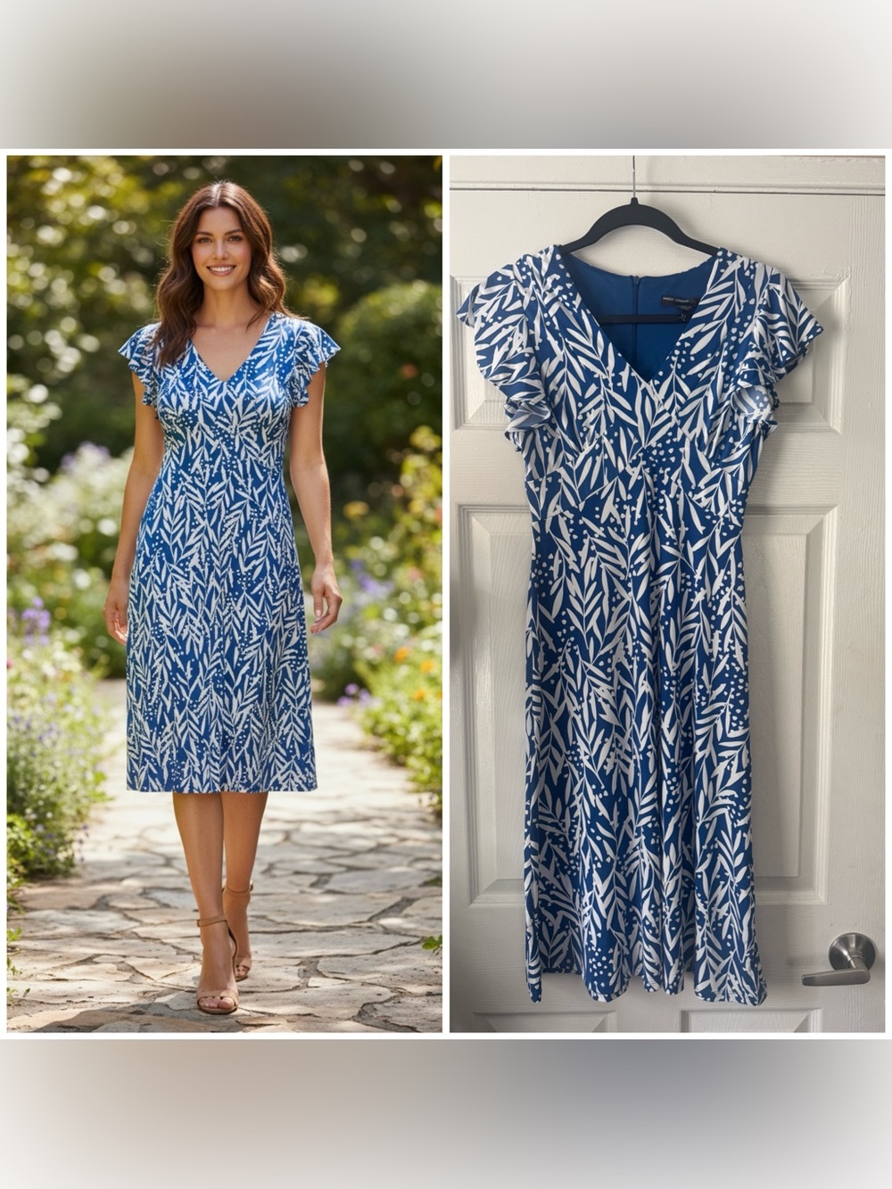 NEW London Times Blue & White V-Neck Flutter-Sleeve Midi Dress, Size 0